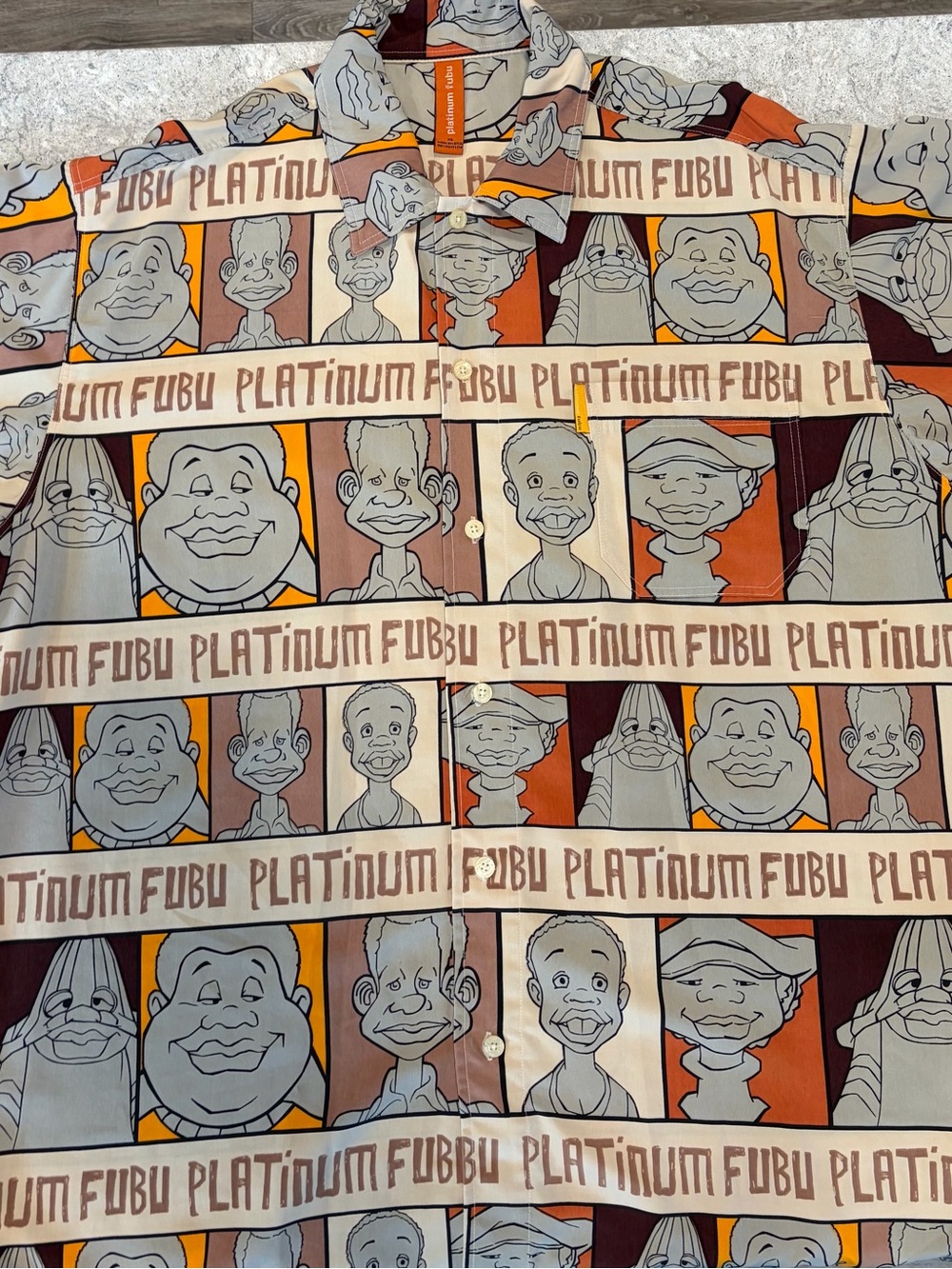 FUBU Platinum Fat Albert Graphic Button-Up Shirt - Brown, Orange, Cream-XL